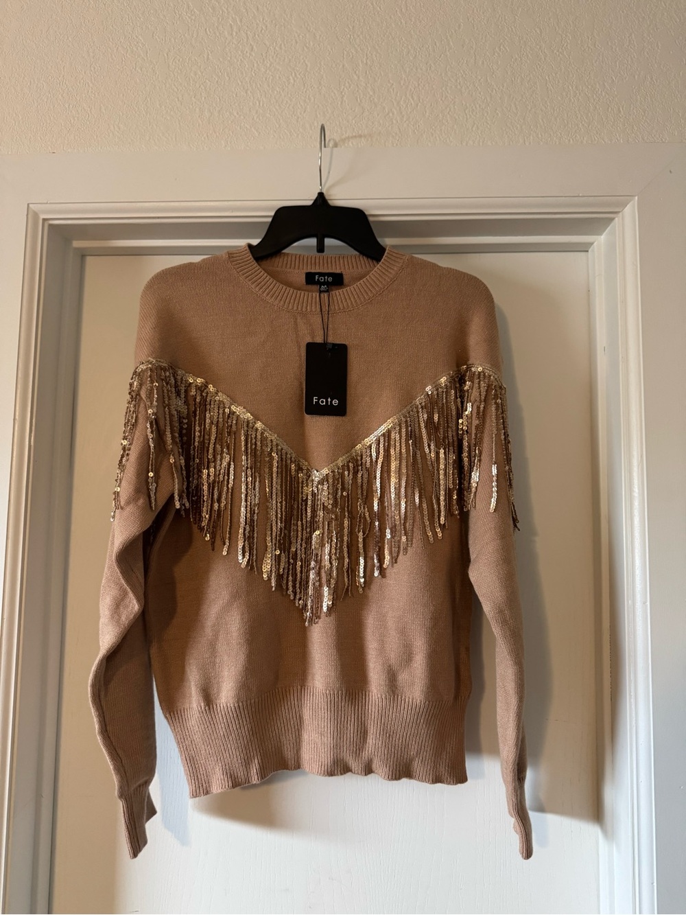 Fate Beige Crewneck Sweater with Gold Sequin Fringe